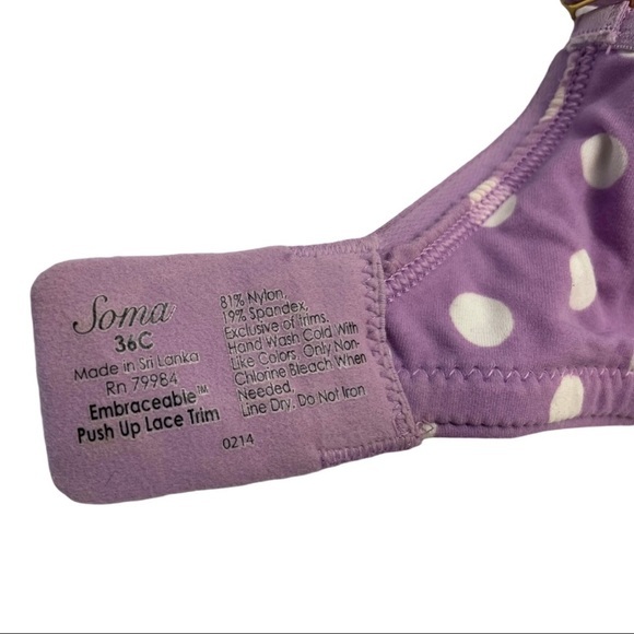 SOMA embraceable Push-Up padded bra lavender w/white polka dots & Lace Trim 36C - Picture 3 of 4